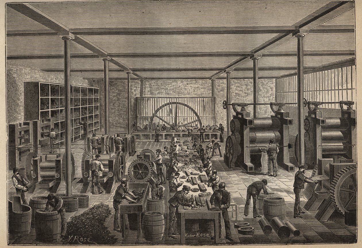Kumi: kumitehdas. Kaiverrus vuodelta 1885 kirjassa "Les arts et metiers illustres", kirjoittanut Adolphe BITARD. tekijältä Unknown artist
