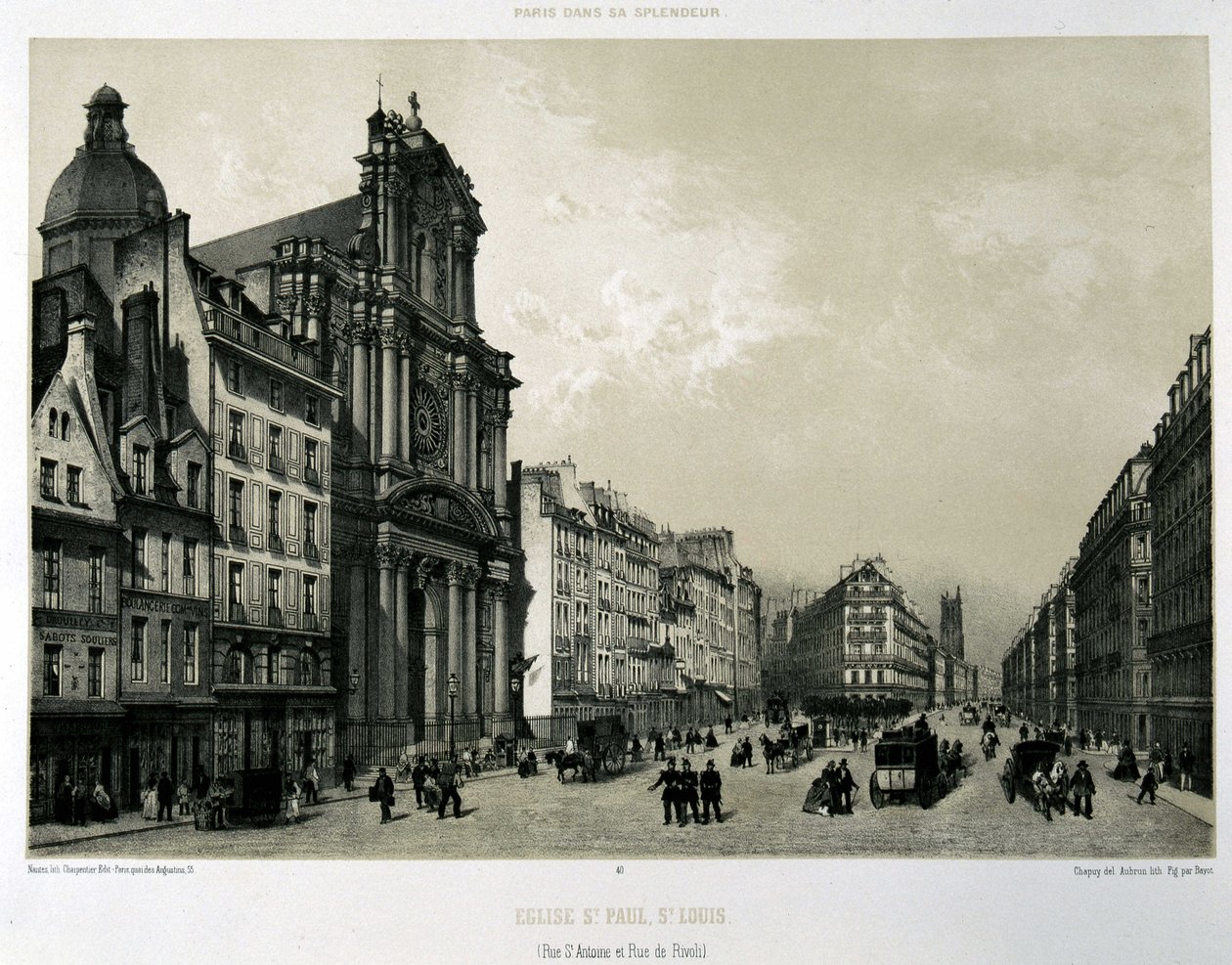 Rue Saint-Antoine ja de Rivoli, kirkot Saint-Paul ja Saint-Louis tekijältä Unknown artist