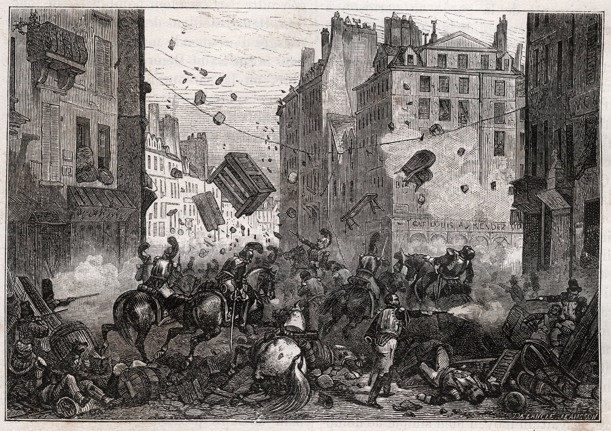 Rue Saint-Antoine Trois-Glorieuses-aikana (heinäkuu 1830) - 1830-vallankumous Barrikadin taistelussa Rue Saint-Antoinen (Saint Antoine) vuonna 1830 tekijältä Unknown artist