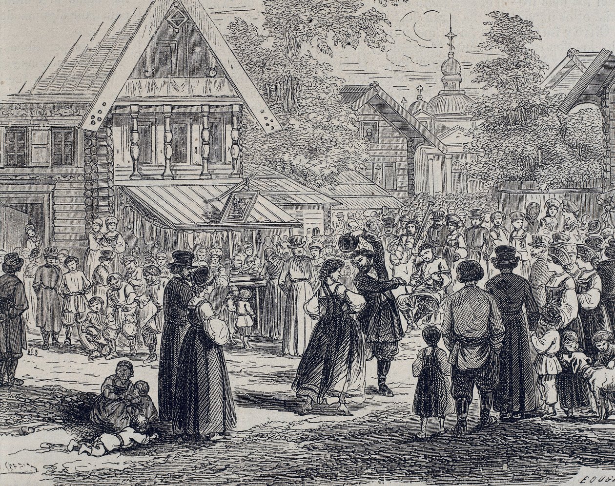 Venäjä (19. vuosisata). Juhlat kylässä. 1879 (kaiverrus) tekijältä Unknown artist