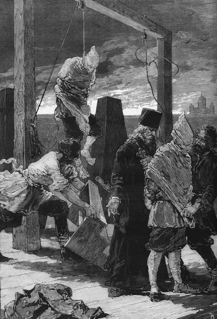 Venäjä, Pietari: kahden nihilistin Kvjatkovskin ja Presniakovin teloitus 16.11.1880 Pyhän Pietarin ja Paavalin linnoituksen Pyhän Johanneksen raveliinissa. He olivat syyllistyneet hyökkäykseen Talvipalatsiin vuonna 1879. tekijältä Unknown artist