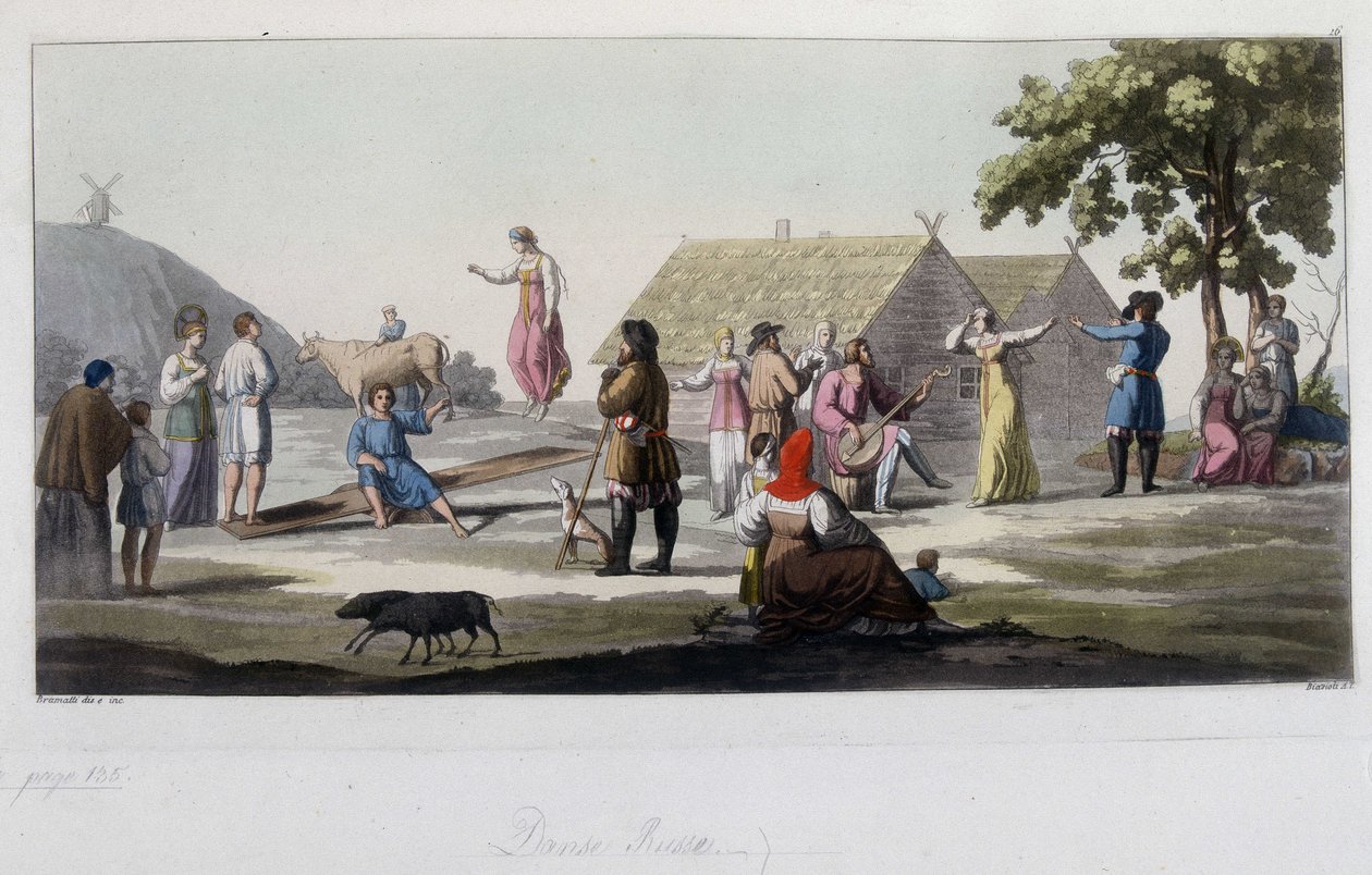 Venäläinen tanssi ja leikki. "" Vanha ja moderni puku" 1819-1820, Ferrario. tekijältä Unknown artist