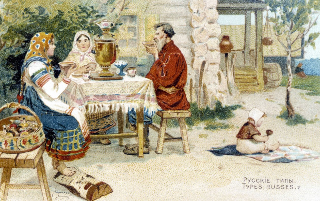 Venäläinen perhe juomassa teetä samovarin ympärillä - kromo. tekijältä Unknown artist