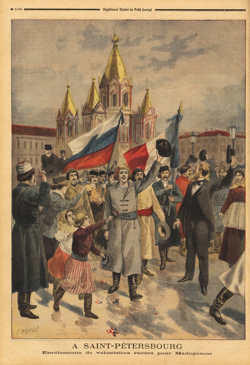 Venäläisiä vapaaehtoisia Pietarissa ranskalaiselle retkikunnalle Madagaskarista. Kaiverrus "" Le petit Journal" -lehdessä 28/04/1895. Selvan kokoelma. tekijältä Unknown artist