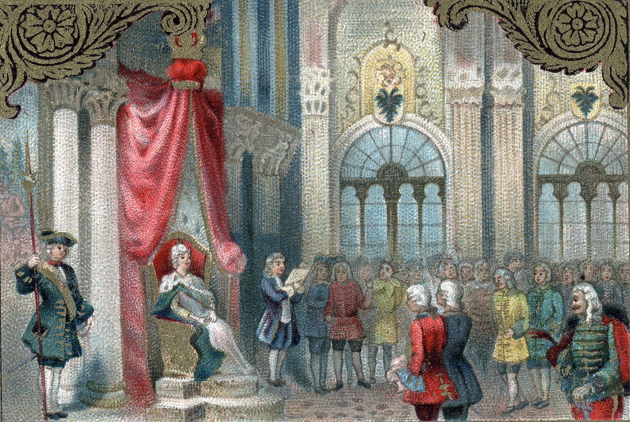 Venäjän modernisointipolitiikka: Venäjän Katariina II (1729-1796) julistaa Venäjän imperiumin uudelleenjärjestelyn. Vuonna 1785 se antoi paljon enemmän valtuuksia ja oikeuksia Imperiumin aatelisille. Myöhäinen kromolitografia 1800-luvulta. tekijältä Unknown artist