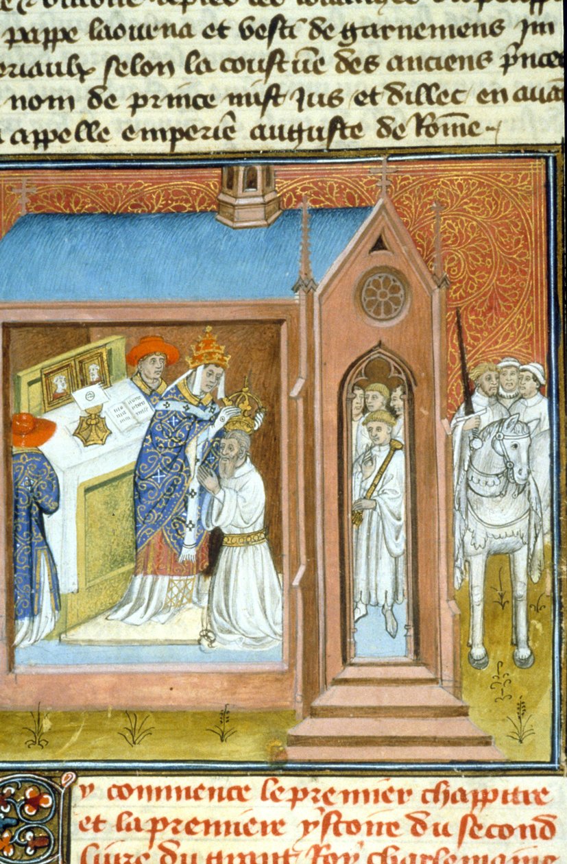 Kaarle Suuren (742–814) pyhä (kruunaaminen) vuonna 800 paavi Leo III:n toimesta. - Keskiajan käsikirjoituksen valaistus (viite 512, 089v) Pyydä lupa Toulousen kaupunginkirjastolta (puh: 05 62 27 66 66) tekijältä Unknown artist