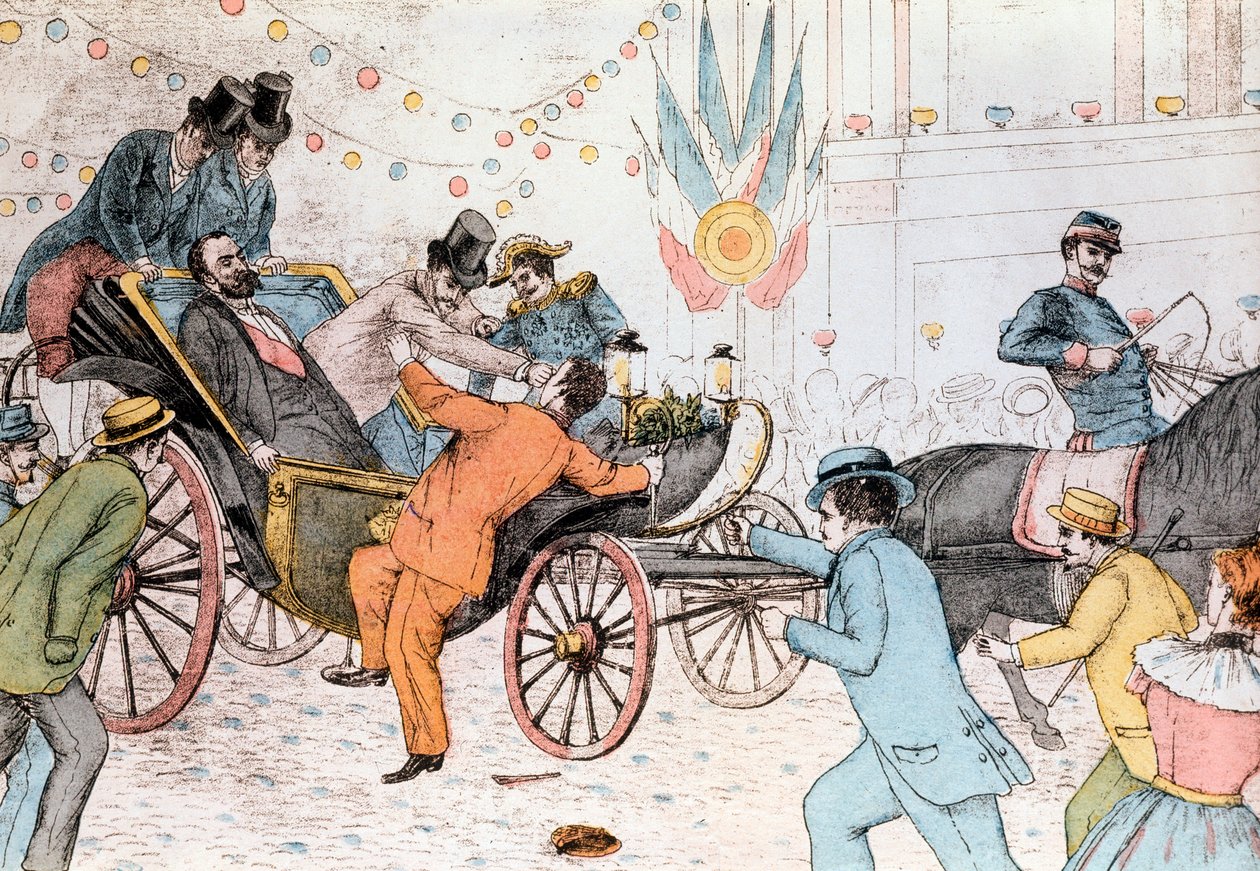 Italian anarkisti Sante Jeronimo Caserio murhasi Sadi Carnotin 25. kesäkuuta 1894 (kaiverrus) tekijältä Unknown artist