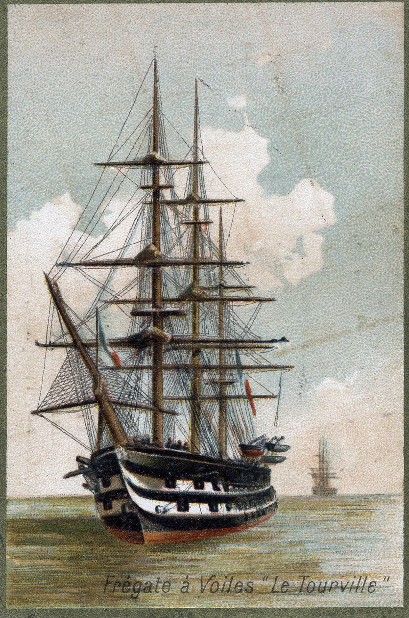Purje fregatti "" Le tourville""" vuonna 1787. 1800-luvun kromolitografia. tekijältä Unknown artist