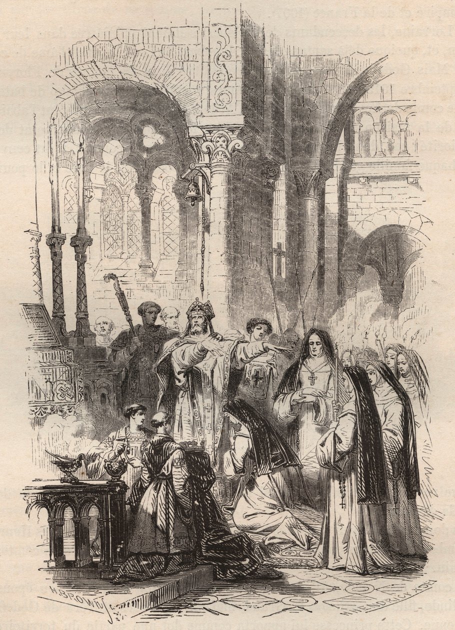 Luxemburgilaisen Saint Cunegonden (n. 975-1033/1039) purjehdus vuonna 1024, luovuttaman Paderborn Meinwerkin (n. 975-1036) eveque Kaufungenin benediktiiniluostarissa Saksassa. Kaiverrus vuodelta 1868 kirjassa "Histoire de Belgique alkeellisista ajoista tekijältä Unknown artist