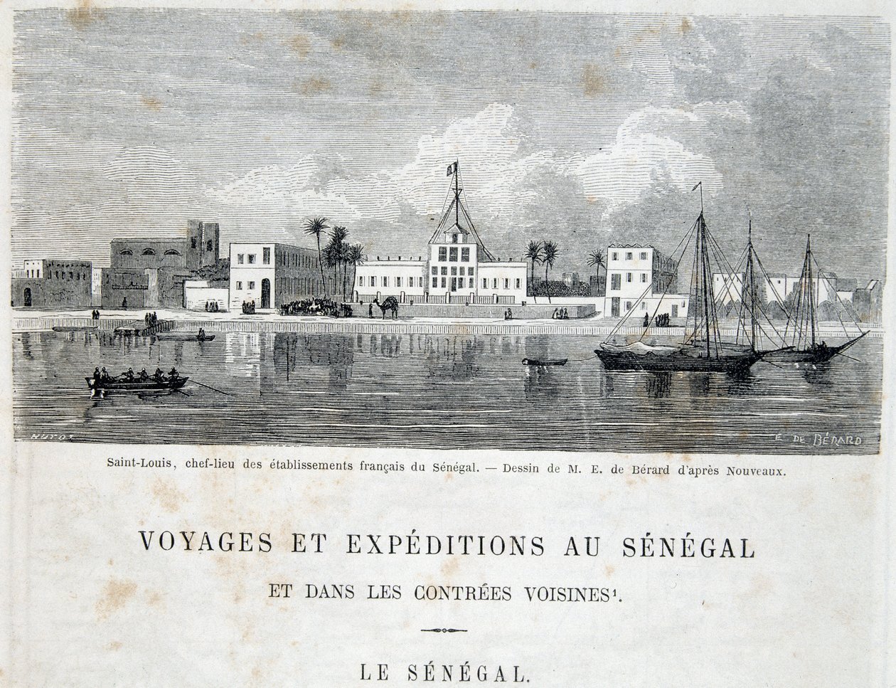 Saint-Louis, ranskalaisten laitosten pääkaupunki Senegalissa - "" Voyage et voyages au Sénégal"" Tour du Mondessa, 2. versio. 1861 tekijältä Unknown artist