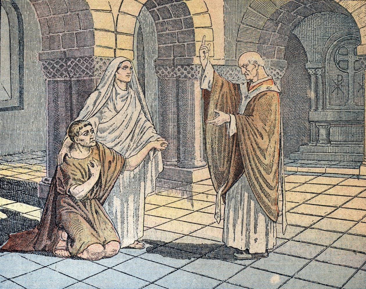 Pyhä Augustinus Hippolainen (354-430) ja hänen äitinsä Pyhä Monika Milanossa, 387 (Pyhä Augustinus Hippolainen ja hänen äitinsä Pyhä Monika Milanon Pyhän Ambrosiuksen edessä, 387). Kuvitus kirjasta "Le pelerin" 1933 Yksityiskokoelma. tekijältä Unknown Artist