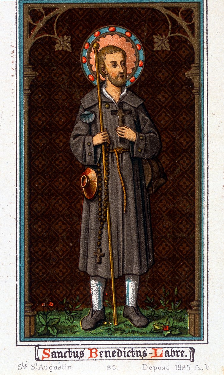 Pyhä Benedictus Nursialainen (syntynyt Murciassa (Murcia) Umbriassa noin 480 - 527) pyhiinvaeltajana. Kromolitografia vuodelta 1885. tekijältä Unknown artist