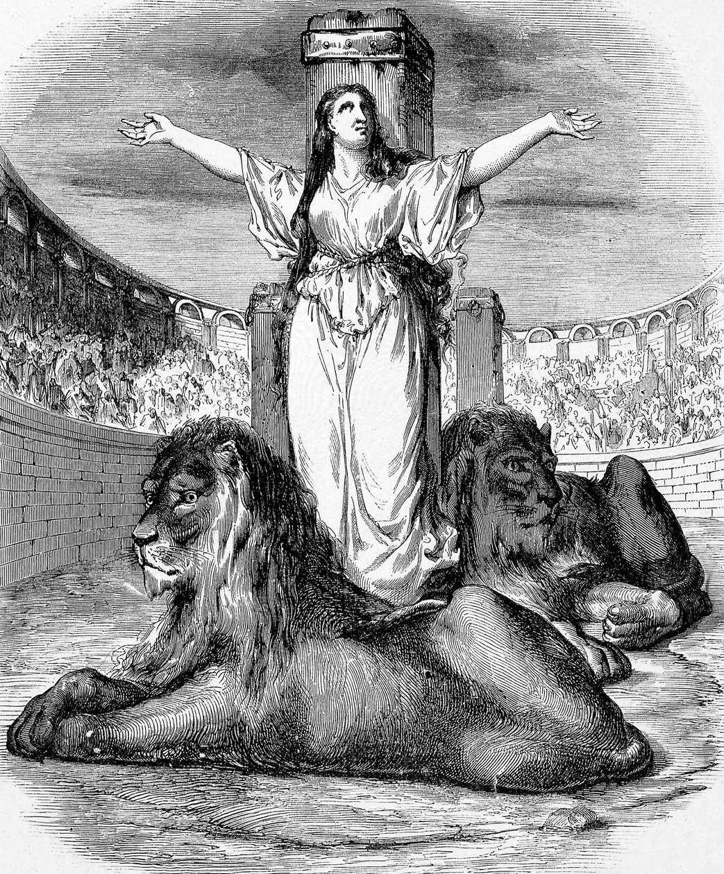 Saint Blandine, nuori kristitty orja, marttyyrikuolemassa leijonarenkaassa Lyonissa vuonna 177, kaiverrus tekijältä Unknown artist