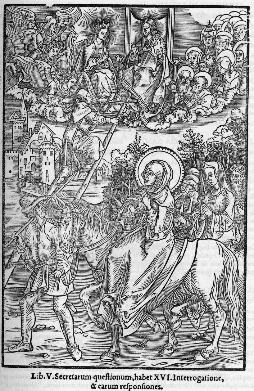 Saint Brigitte de Suede (Santa Brigitta di Svezia) (Brigida, Bridget, Brigite) (1303-1373). Leski, Pyhän Vapahtajan ritarikunnan perustaja. Kaiverrus "Muistokuvakirjoihin profetioista tai näkyistä" 1556 tekijältä Unknown artist