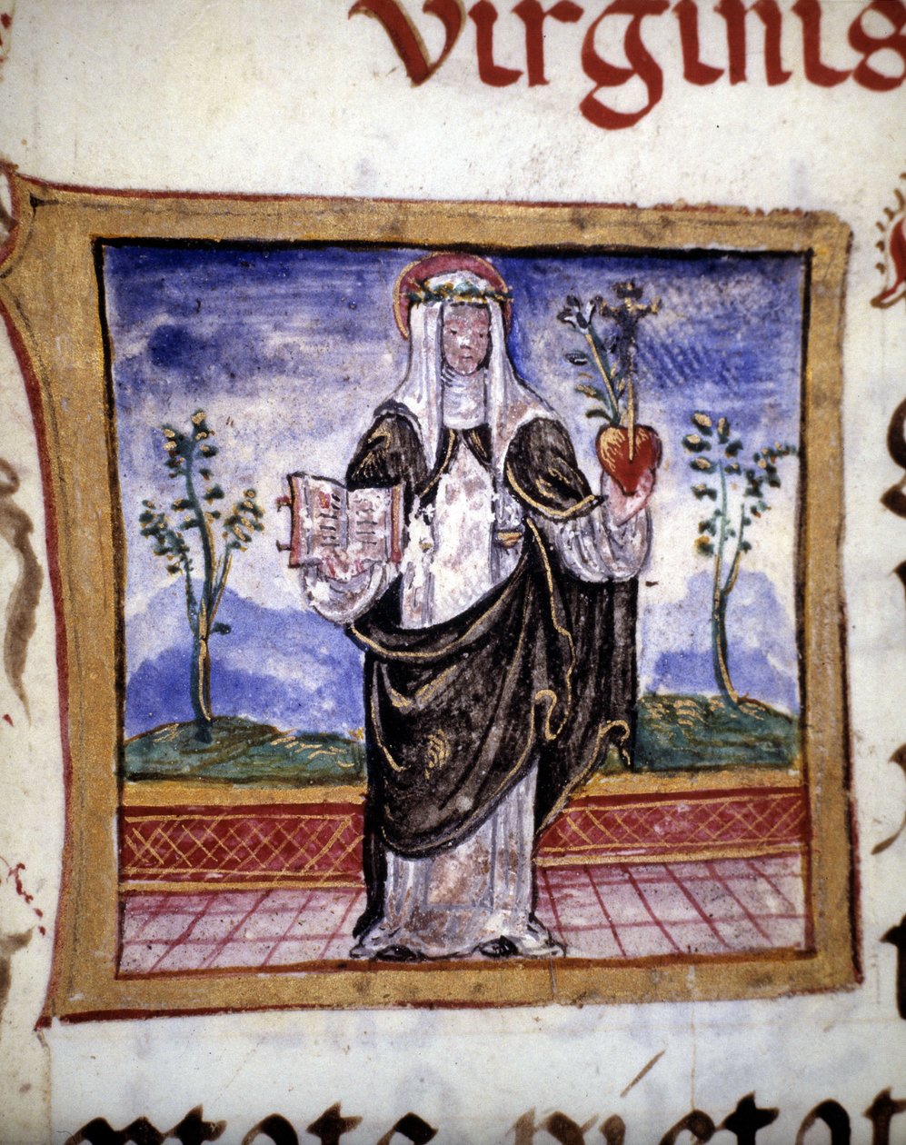 Pyhä Katariina Sienalainen (1347 - 1380) pitelee kirjaa ja sydäntä, pienoismalli 1400-luvulta. tekijältä Unknown artist