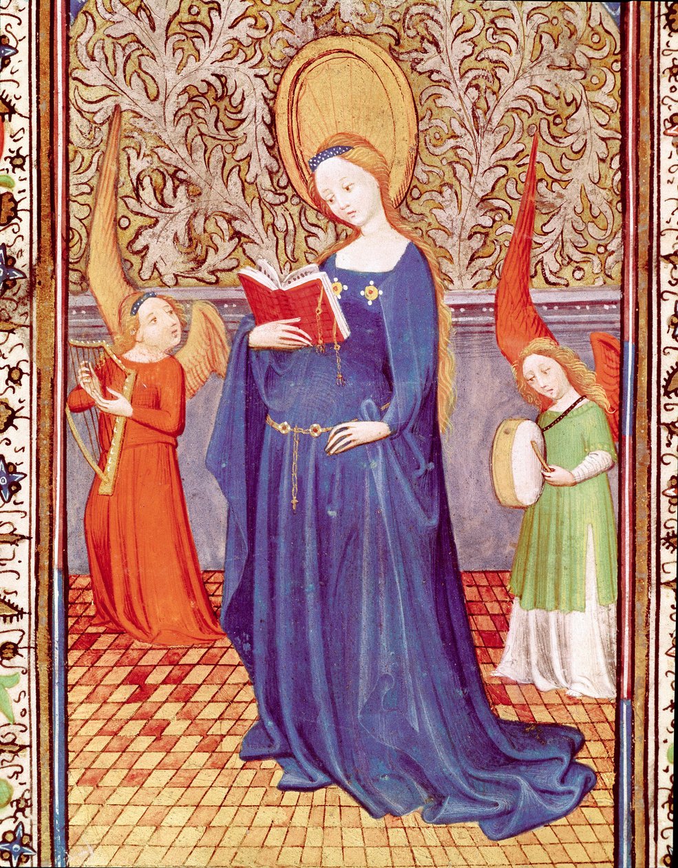 Pyhä Cecile kahden enkelimuusikon ympäröimänä Miniatyyri otettu "Portugalilaisen Edward I:n (Duarten) tunteista (1391-1438)" 1400-luvun Lissabon, Torre do Tombo tekijältä Unknown artist
