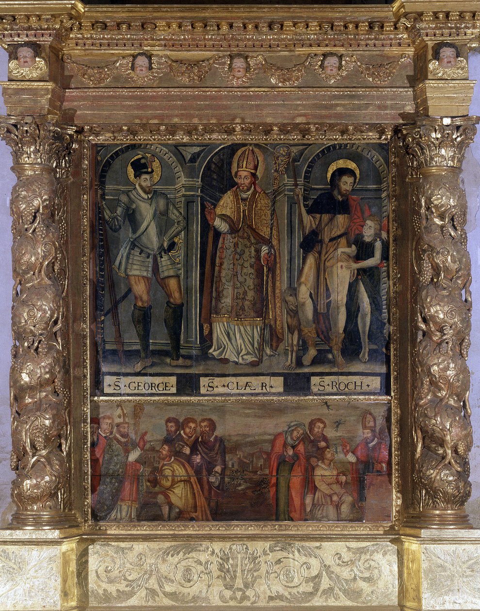 Saint Clair tai Saint Roch alttari: St Roch ja Ruton nappula ja Pyhä Yrjö Henrik III:n tavalla - Rognesin taivaaseenastumisen kirkko tekijältä Unknown artist