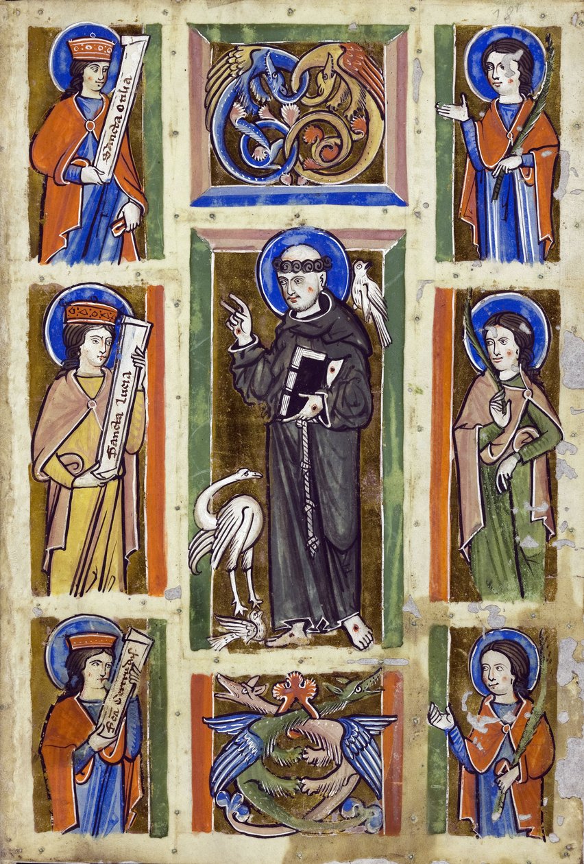 Pyhä Franciscus saarnaa linnuille, Anonyymi. Vesiväri pergamentille, n. 1230-1240, Badische Landesbibliothek tekijältä Unknown artist