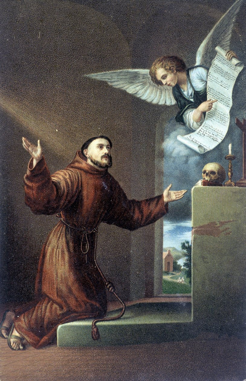 Pyhä Franciscus Assisilainen (1181 tai 1182 - 1226) enkelin edessä. 1800-luvun kromolitografia. tekijältä Unknown artist