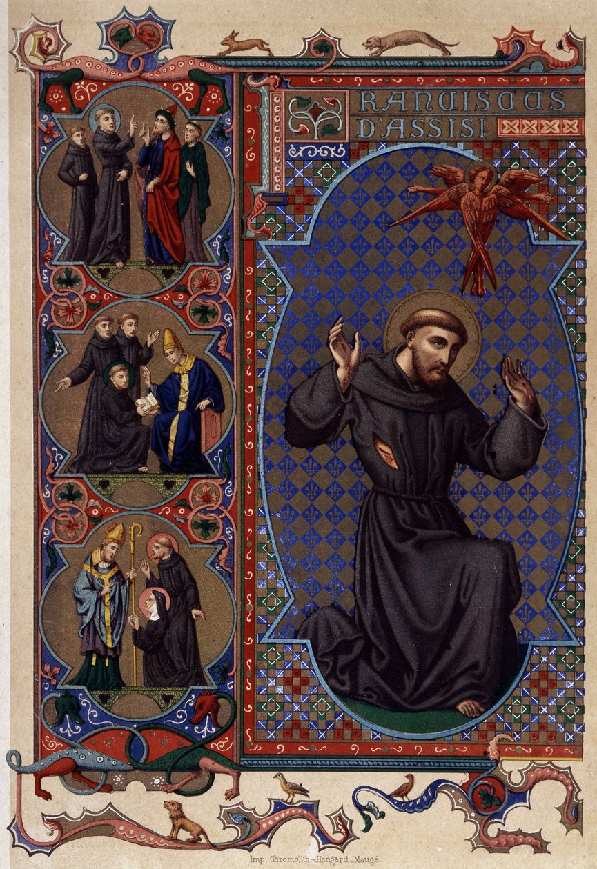 Pyhä Franciscus Assisilainen ja stigmien ilmestyminen (1224), kromolitografia 1800-luku tekijältä Unknown artist