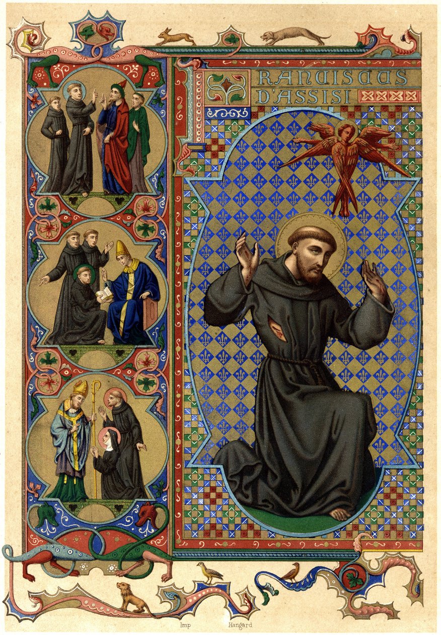 Pyhä Franciscus Assisilainen vastaanottaa leiman. 1900-luvun alku (kromo) tekijältä Unknown Artist