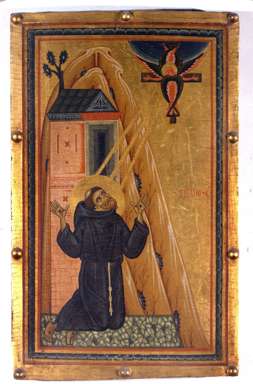Pyhä Franciscus leimautumisen kanssa. Maalausta puulle 1200-luvulta. Firenze. Uffizin museo. tekijältä Unknown artist