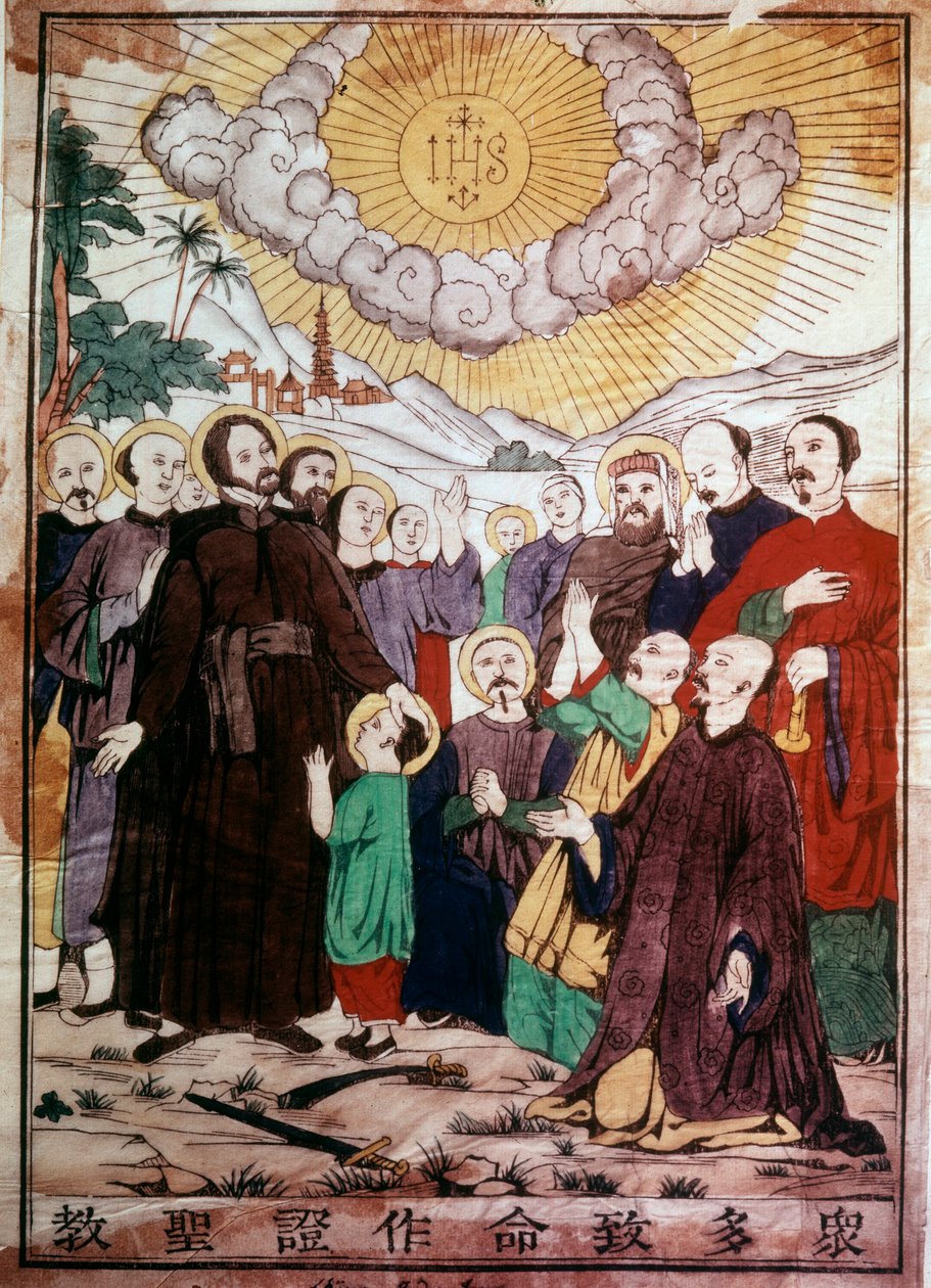 Saint Francois Xavier (1506-1552), espanjalainen jesuiittalähetyssaarnaaja, yksi Jeesuksen yrityksen odren perustajista, evankelioi kiinalaisia Kristuksen suojeluksessa Kiinassa. Kaiverrus 1800-luvulta. Chantilly, jesuiittaseminaari tekijältä Unknown artist
