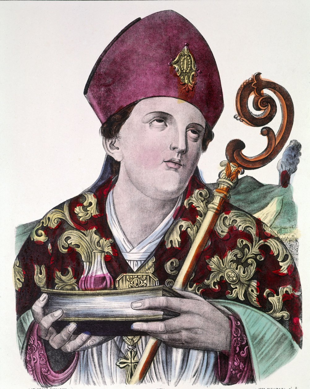 Pyhä Gennaro tai Saint Janvier, Napolin kaupungin suojelija, pitelee käsissään ampullia, joka sisältää hänen vertaan. Värillinen suosittu printti 1800-luvulta. tekijältä Unknown artist