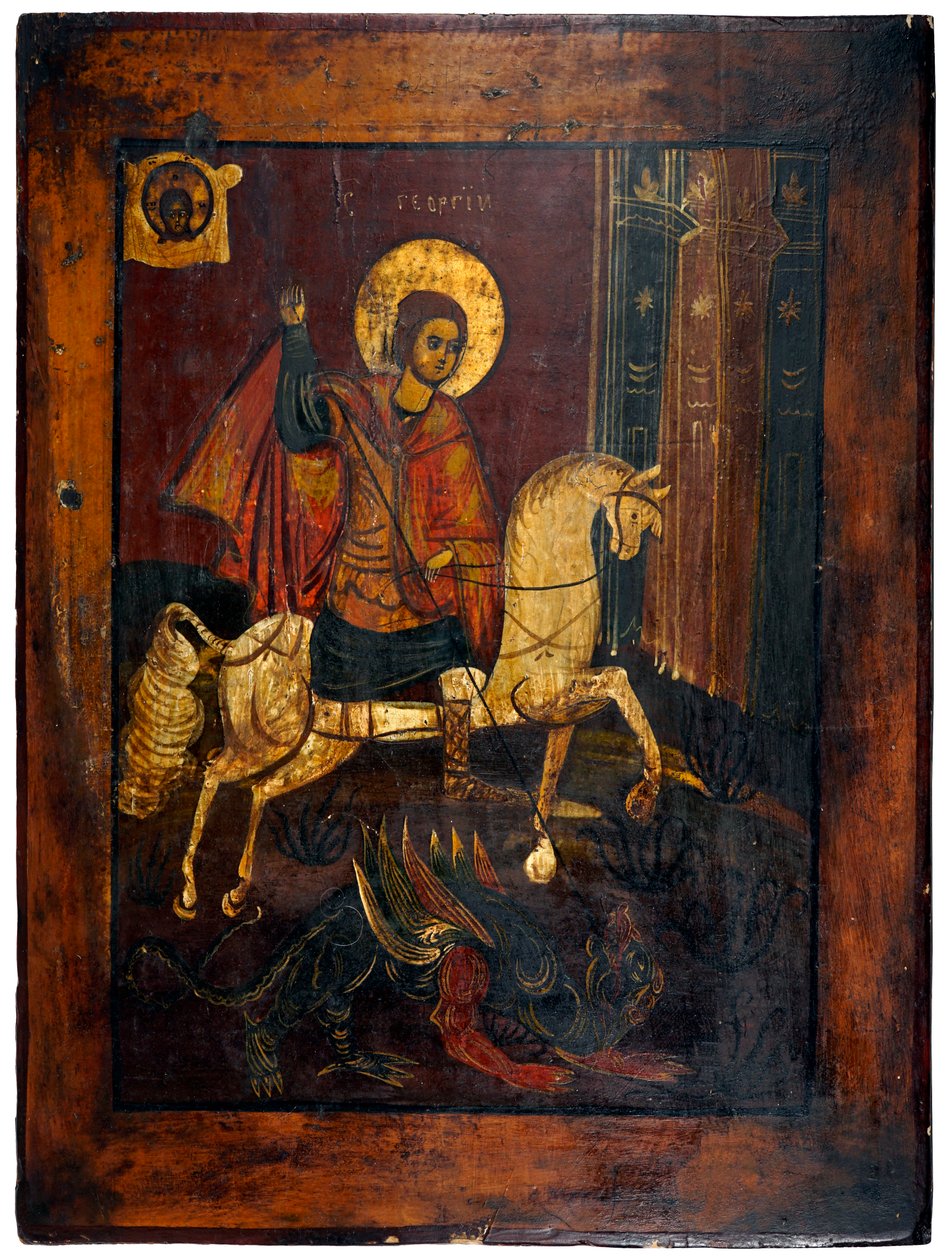 Pyhä Yrjö ja lohikäärme, n. 1850 (maali paneelissa) tekijältä Unknown artist