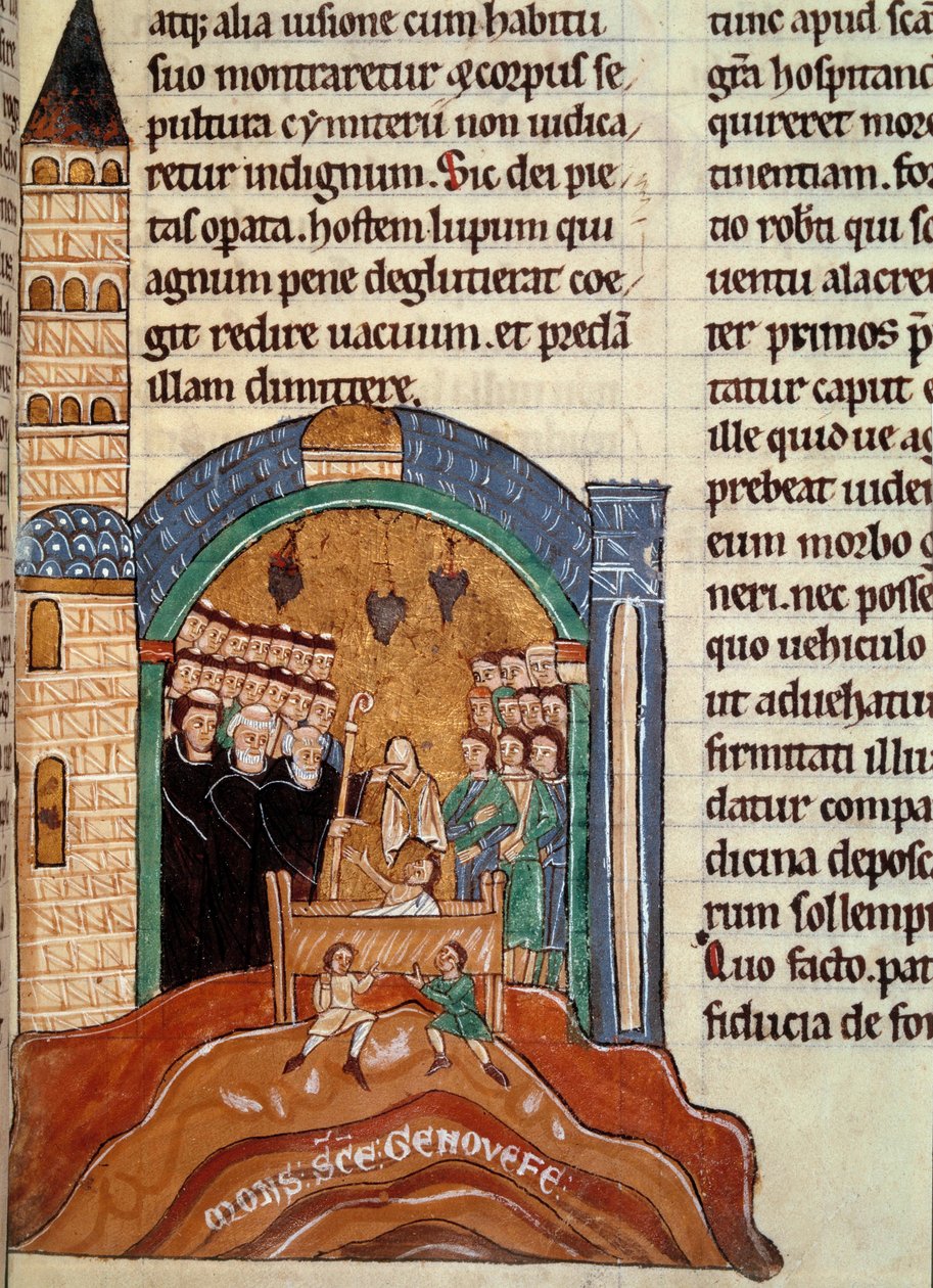 Saint Hugues de Cluny (1024-1109), Clunyn luostari, pelastaa kuolleen miehen Pariisissa. Pienoismalli historiallisesta ja liturgisesta kokoelmasta tekijältä Unknown artist