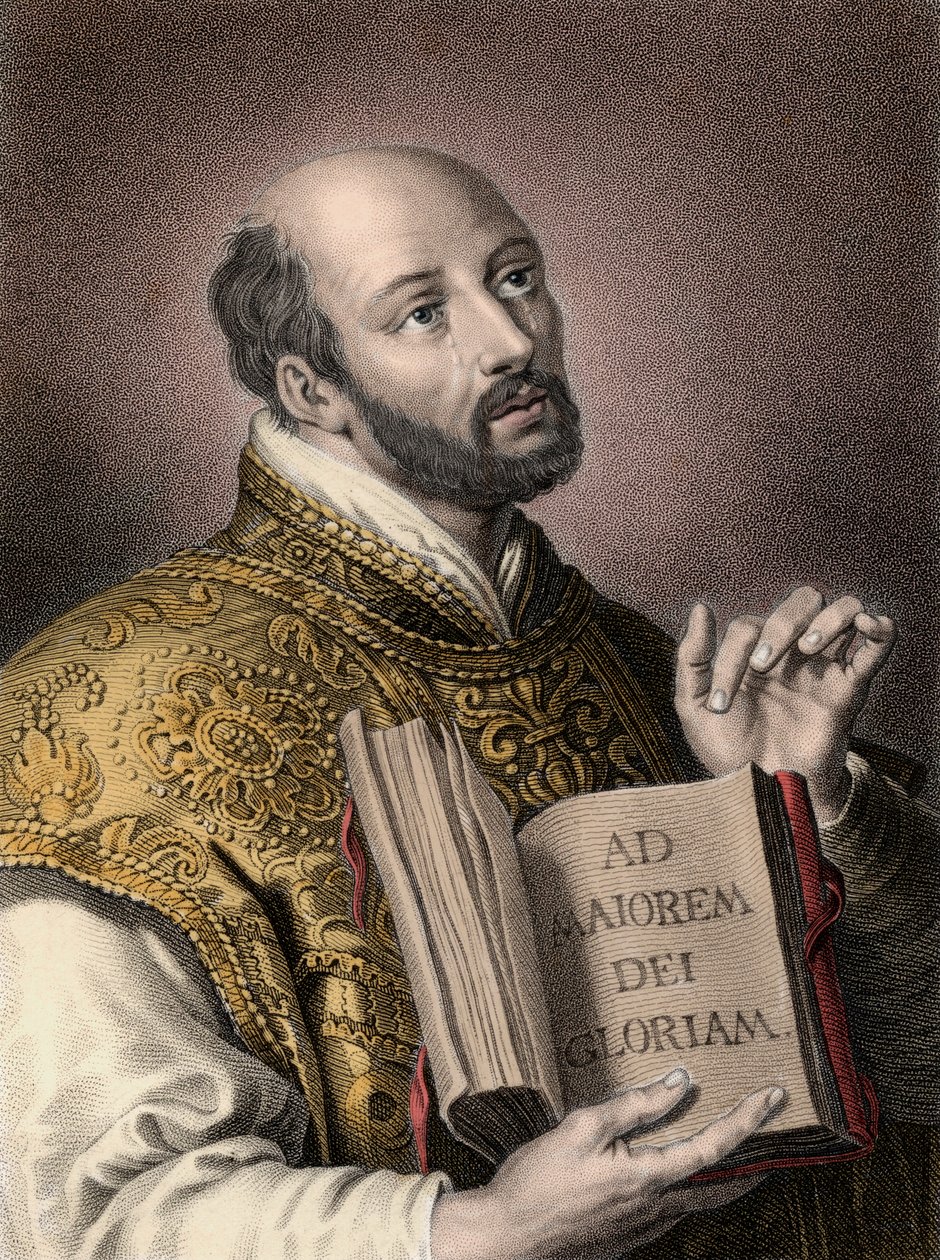 Muotokuva pyhä Ignatius Loyolasta (1491-1556), espanjalainen teologi, pitelee kädessään kirjaa, jossa on Jeesuksen seuran latinalainen motto "" Ad maiorem Dei gloriam"" (Jumalan suureksi kunniaksi) Ignatius tai Pyhä Ignatius tekijältä Unknown artist