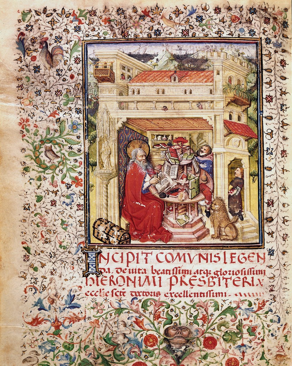 Pyhä Hieronymus tutkimuksessaan Sivu otettu 1400-luvun Rooman käsikirjoituksesta "Opuscola spirituala et moralia", Biblioteca Vallicelliana tekijältä Unknown artist
