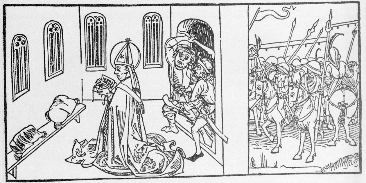 Pyhä Lambert. Kaiverrus Jacobuksen (James) Voraginen (1228-1298) teoksesta "Pyhien elämä - kesäosa" (Pyhän kirja). Lyypekki 1488. tekijältä Unknown artist