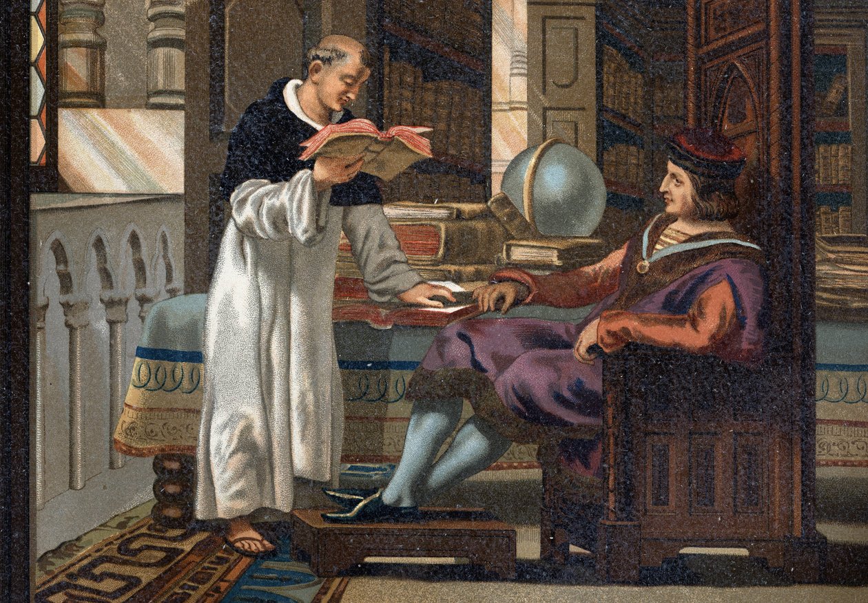 Saint Louis (1214-1270), Ranskan kuningas, ja hänen neuvonantajansa Saint Vincent de Beauvais (n. 1190-1264), "La Ciencia y sus Hombres par Louis Figuier" jälkeen. Barcelona 1881 tekijältä Unknown artist