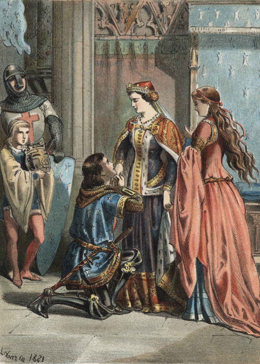 Saint Louis (1214-1270), Ranskan kuningas, ja hänen äitinsä Blanche de Castille (1188-1252). kaiverrus vuodelta 1881 Juan Justo Huguetin teokseen The Cult of Beauty, toimittaja Molinas Hermanos tekijältä Unknown artist