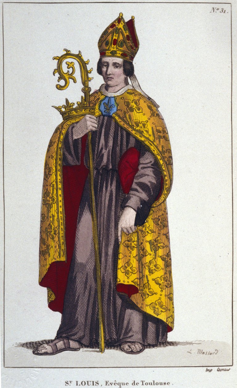 Saint Louis Toulouse tai Saint Louis Anjou. Toulousen piispan Saint Louisin (1274-1297) pikkuveljenpoika. kaiverrus vuodelta 1830 tekijältä Unknown artist