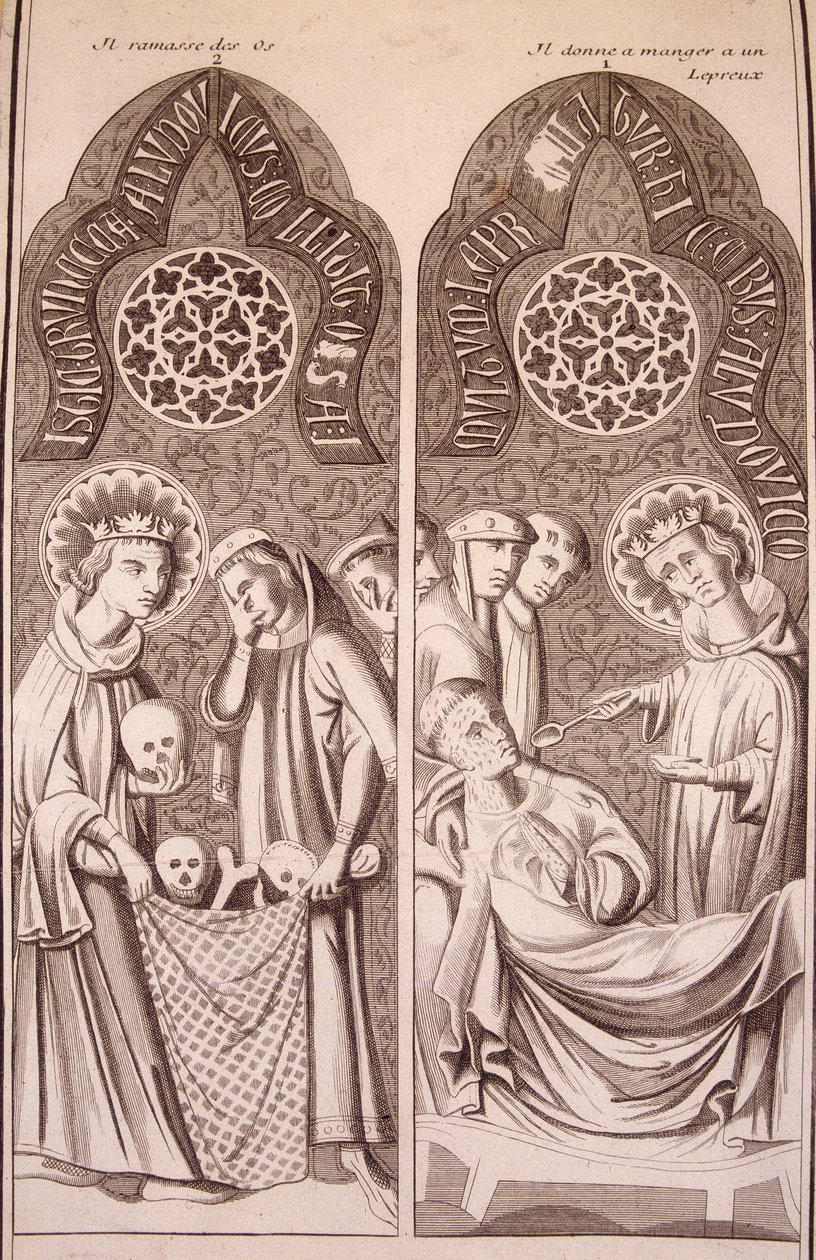 Saint Louis poimii luita ja antaa spitaalisille ruokaa tekijältä Unknown artist