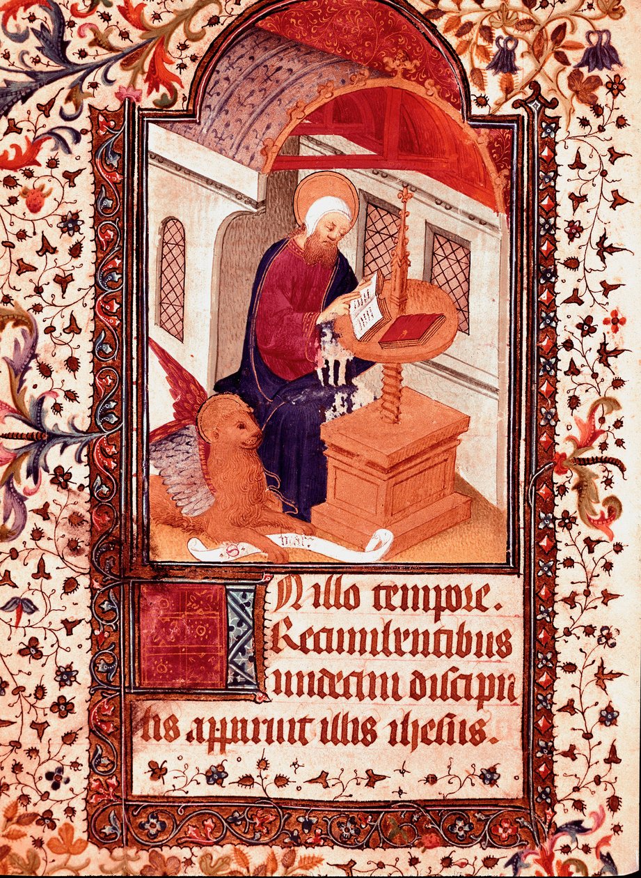 Pyhän Markuksen miniatyyri teoksesta "" Portugalilaisen Edward I:n (Duarten) tunnit (1391-1438)" 1400-luvun Lissabon, Torre do Tombo tekijältä Unknown artist