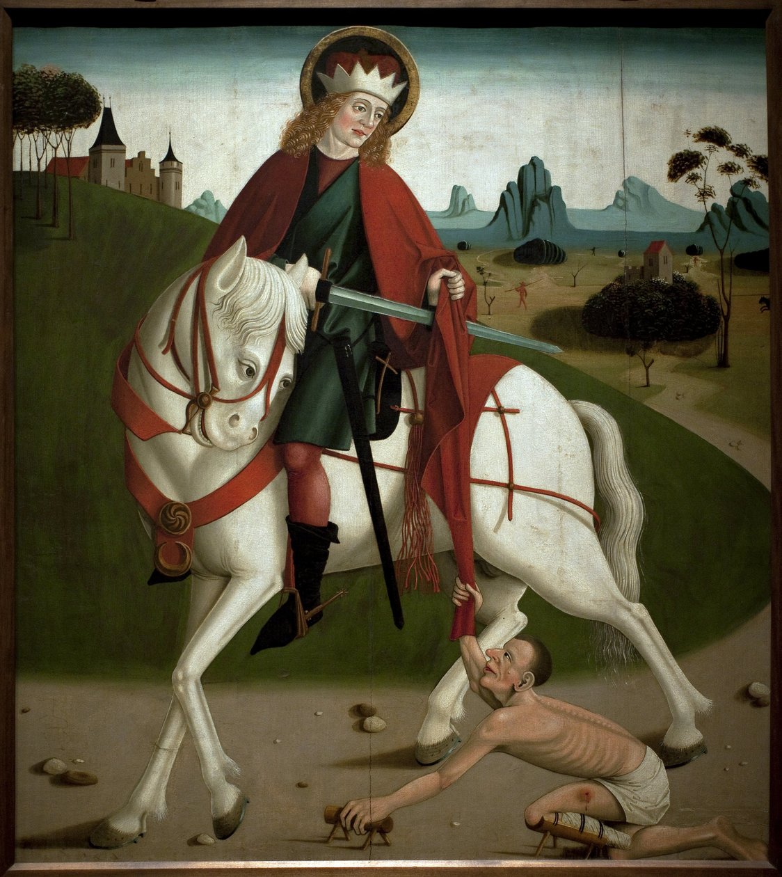 Pyhä Martinus ja kerjäläinen. Hän leikkasi takkinsa antaakseen sen kerjäläiselle. anonyymi maalaus, noin 1490. Magyar Nemzeti Galleria, Budapest, Unkari. tekijältä Unknown artist
