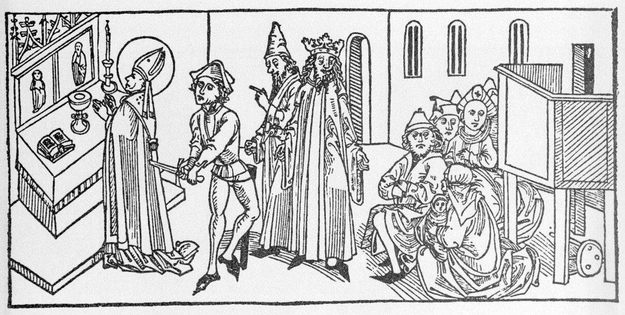 Pyhä Matteus. Kaiverrus Jacobuksen (James) Voraginen (1228-1298) teoksesta "Pyhien elämä - kesäosa" (Pyhän kirja). Lyypekki 1488. tekijältä Unknown artist