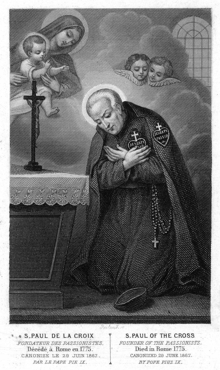 Ristin pyhä Paavali, Roomaan pettyneiden passionistien perustaja vuonna 1775, paavi Pius IX kanonisoi 29. kesäkuuta 1867. Kaiverrus 1800-luvulta. tekijältä Unknown artist