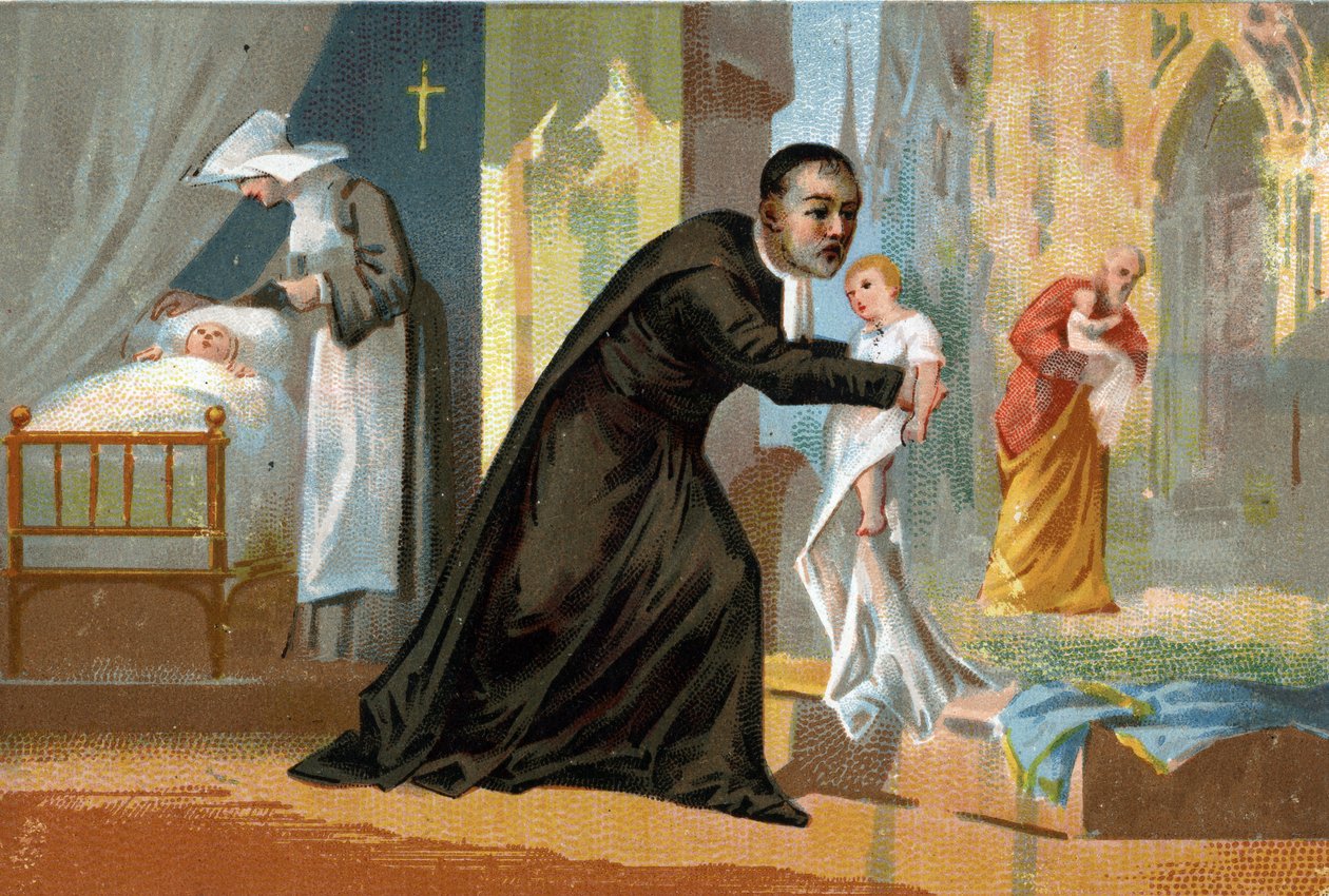 Saint Vincent de Paul (1576-1660), tunnettu hyväntekeväisyydestään, lastensairaalan luoja. 1800-luvun kromolitografia. tekijältä Unknown artist