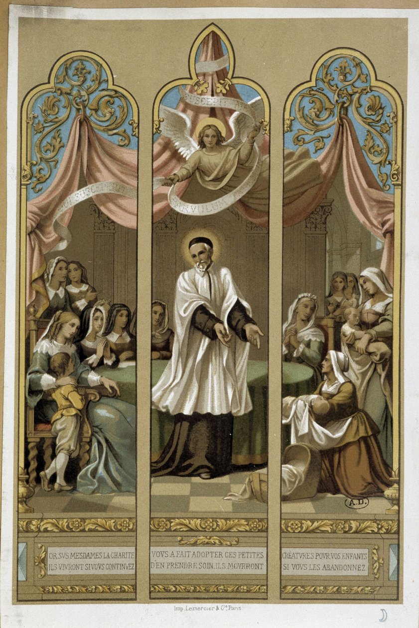 Saint Vincent de Paul perusti työn Löydetyt lapset - lasimaalauksen mukaan 18. (?). tekijältä Unknown artist