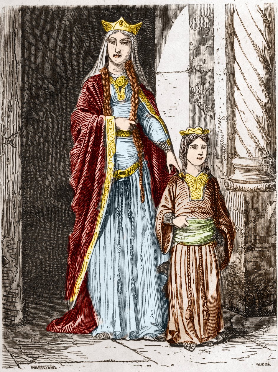 Saint Bathilde (tai Batilde, Bathylle, Beaudour) (626-680), frankkien kuningatar Clotairen kanssa. Kaiverrus teokseen "Ranskan historia sadassa Paul Lehugeurin maalauksessa" 1891 tekijältä Unknown artist