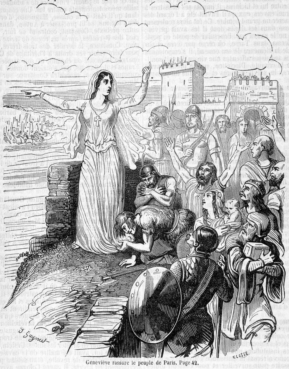 Sainte Geneviève, järjestää Pariisin puolustamisen Attilan laumoja vastaan ja rauhoittaa pariisilaisia - Anquetilin "Histoire de France" -kirjassa tekijältä Unknown artist