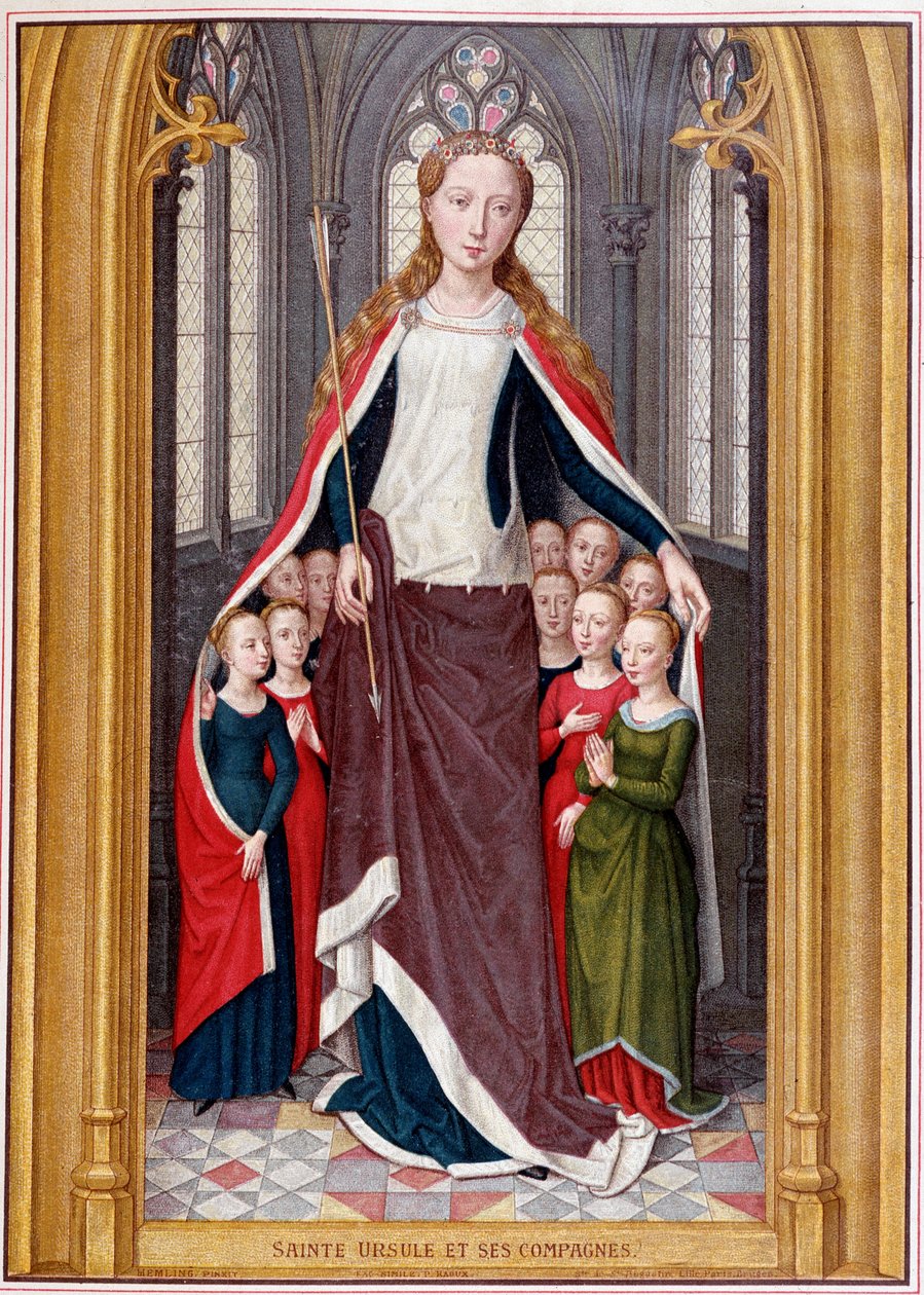 Sainte Ursula majoittaa kumppaninsa takkinsa alle Saint Ursulan metsästyksen jälkeen, Bruggessa, Memlingissä tekijältä Unknown artist