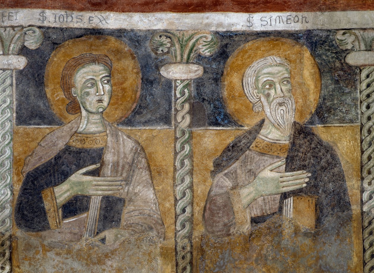 Pyhät Johannes Evankelista ja Simeon, yksityiskohta 1100-luvun freskosta pyhien Sisinio, marttyyri ja Alessandron basilikassa, San Zeno di Trento, Trentino-Alto Adige, Italia. tekijältä Unknown artist