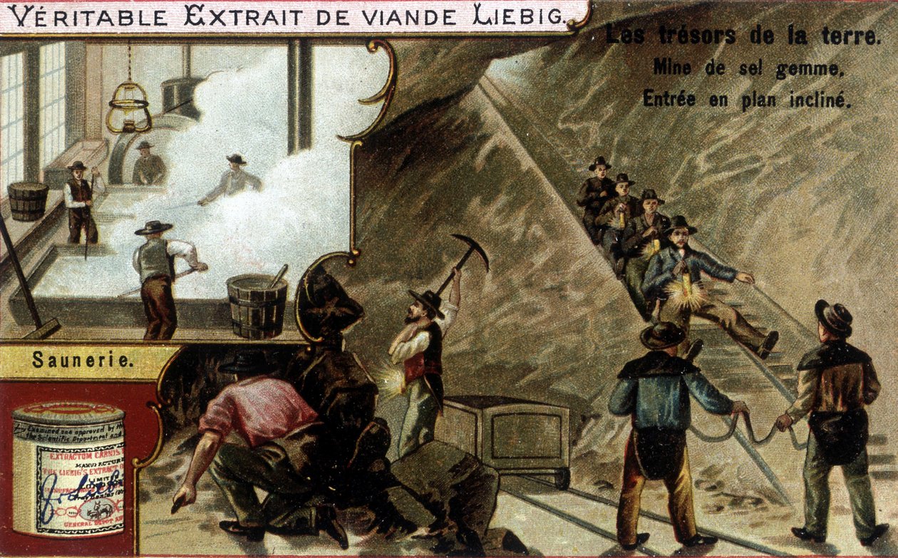 Suolaliuos ja suolakaivos: suolan louhinta ja saunier. Liebig-tuotteiden kromolitografia, sarja "Les trresors de la terre". tekijältä Unknown artist