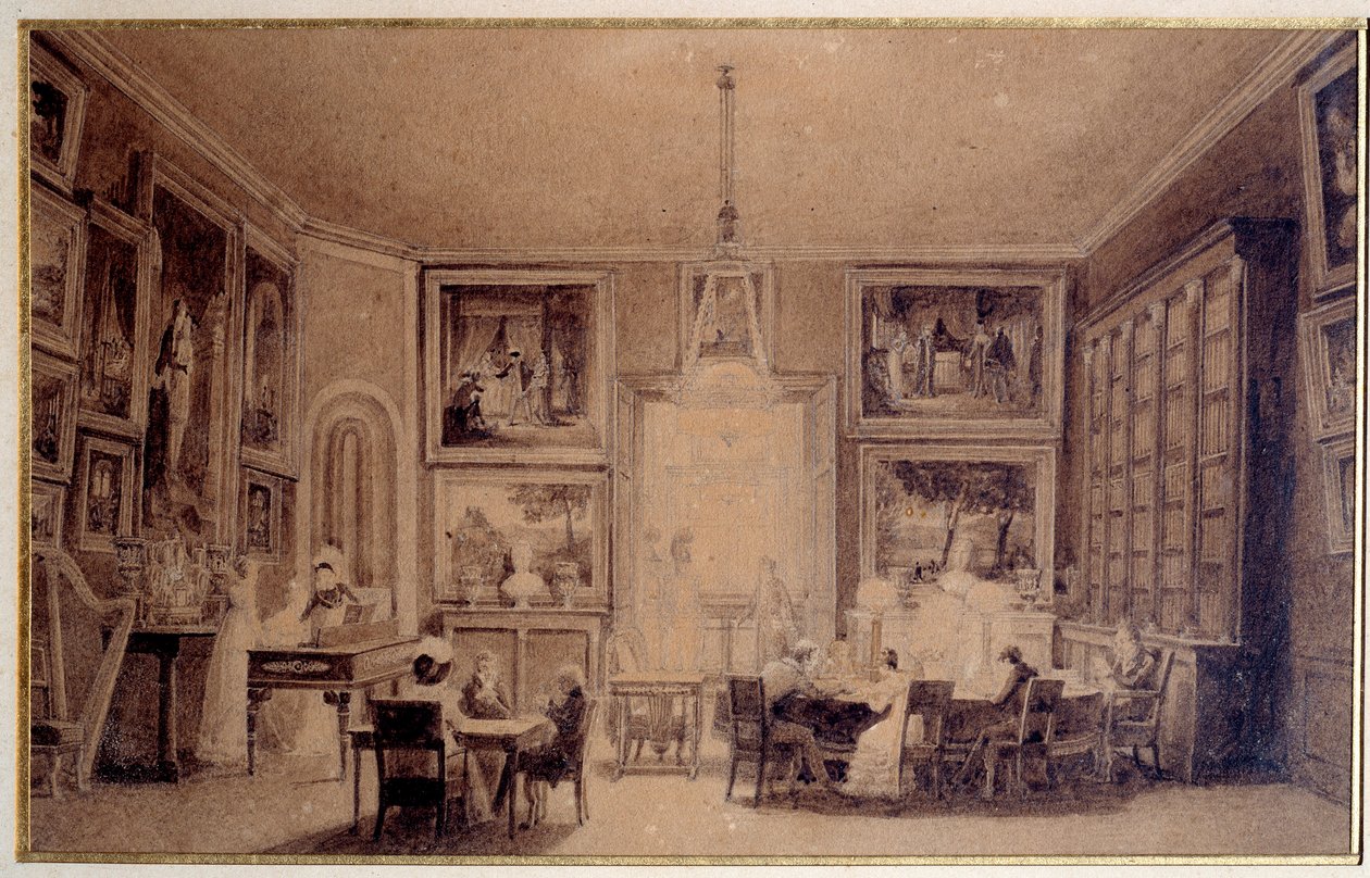 Hollannin kuningattaren Hortense de Beauharnais (1783-1837) salonki Augsburgissa. Kaiverrus 1800-luvun Pariisista. Hänen kirjastonsa tekijältä Unknown artist