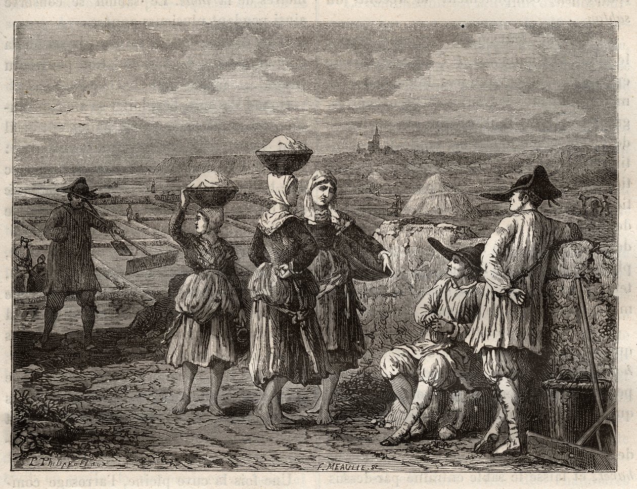Bretagnen suolahaihdutuslampi - Paludierit ja sauniers Bretagnen (Ranska), suolamaat - kaiverrus "Les Merveilles de l